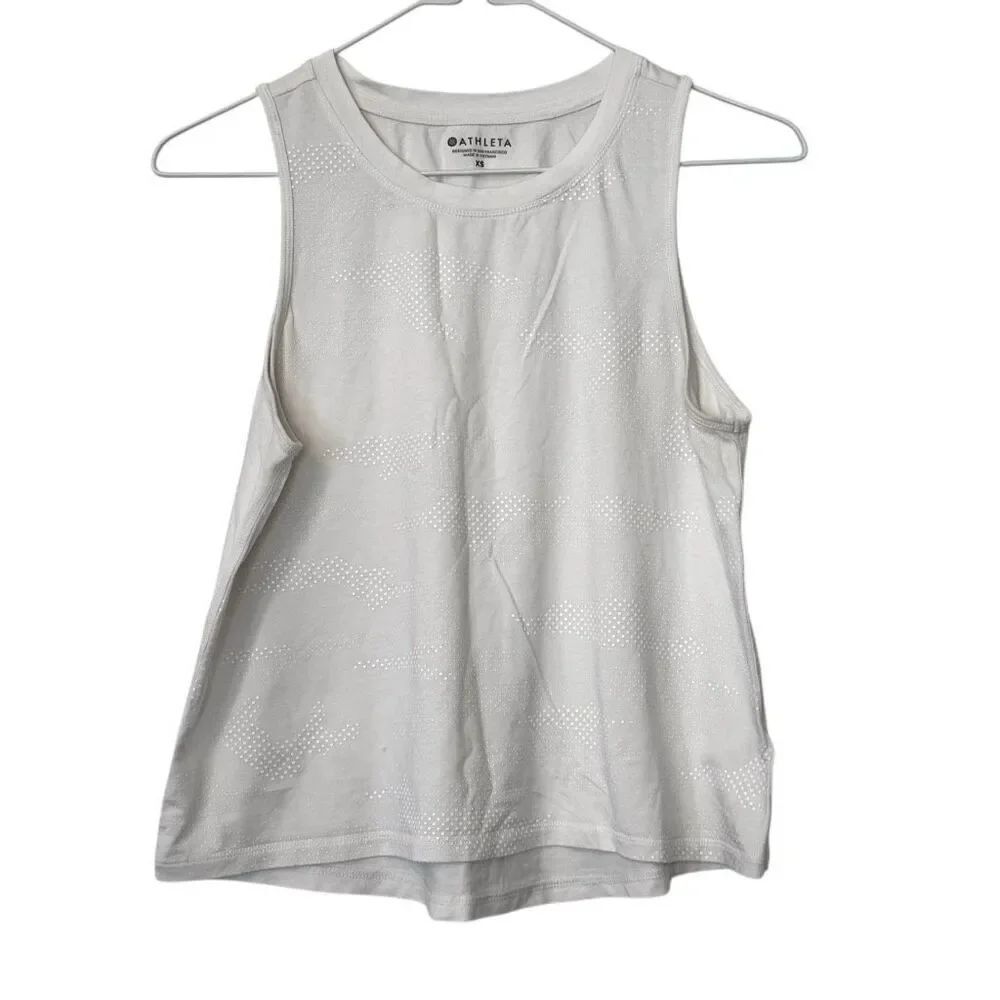 Athleta Dotted Crew Neck Cotton Blend Athletic White Muscle Tank Top